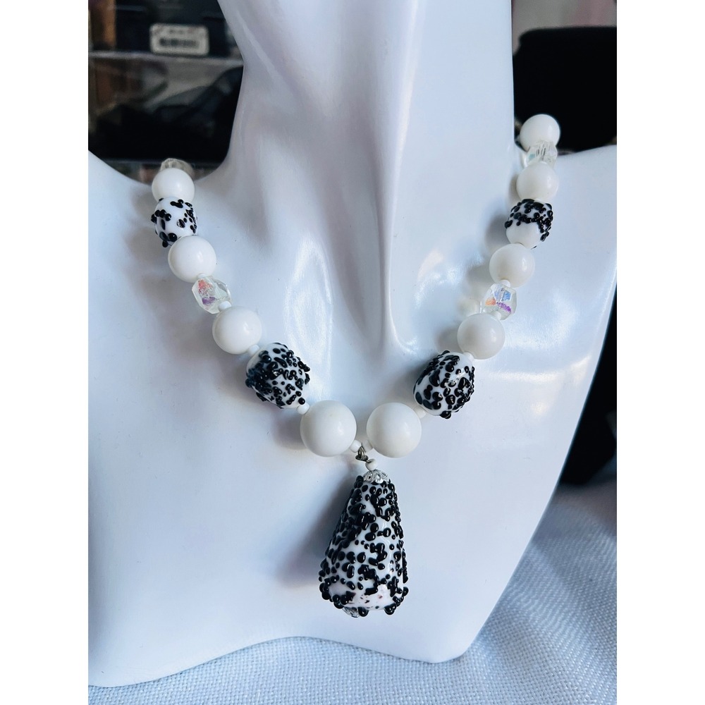 Vintage Japan Black White Art Glass Beaded Statement Necklace Teardrop Pendant